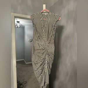 Veronica Beard Green & White Striped Ruched Midi Dress